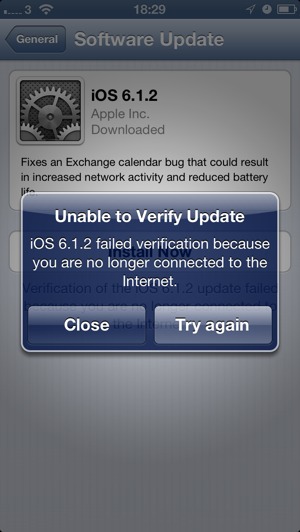 1363819533 Unable To Verify Update.  iOS 6.1.2 Failed Verification Error Message