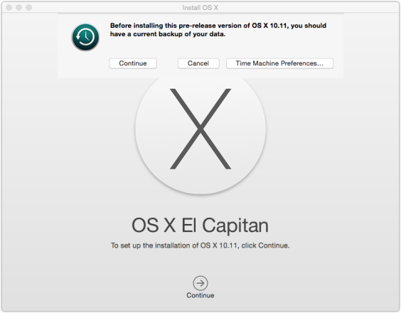 OSX El Capitan Time Machine Warning 564x440 OS X El Capitan Public Beta Now Available.  Remember To Backup.