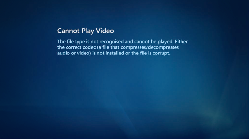 Windows 8 Media Center cannot play video the file type is not recognised