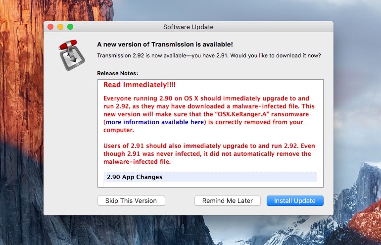 Transmission “OSX.KeRanger.A” ransomware